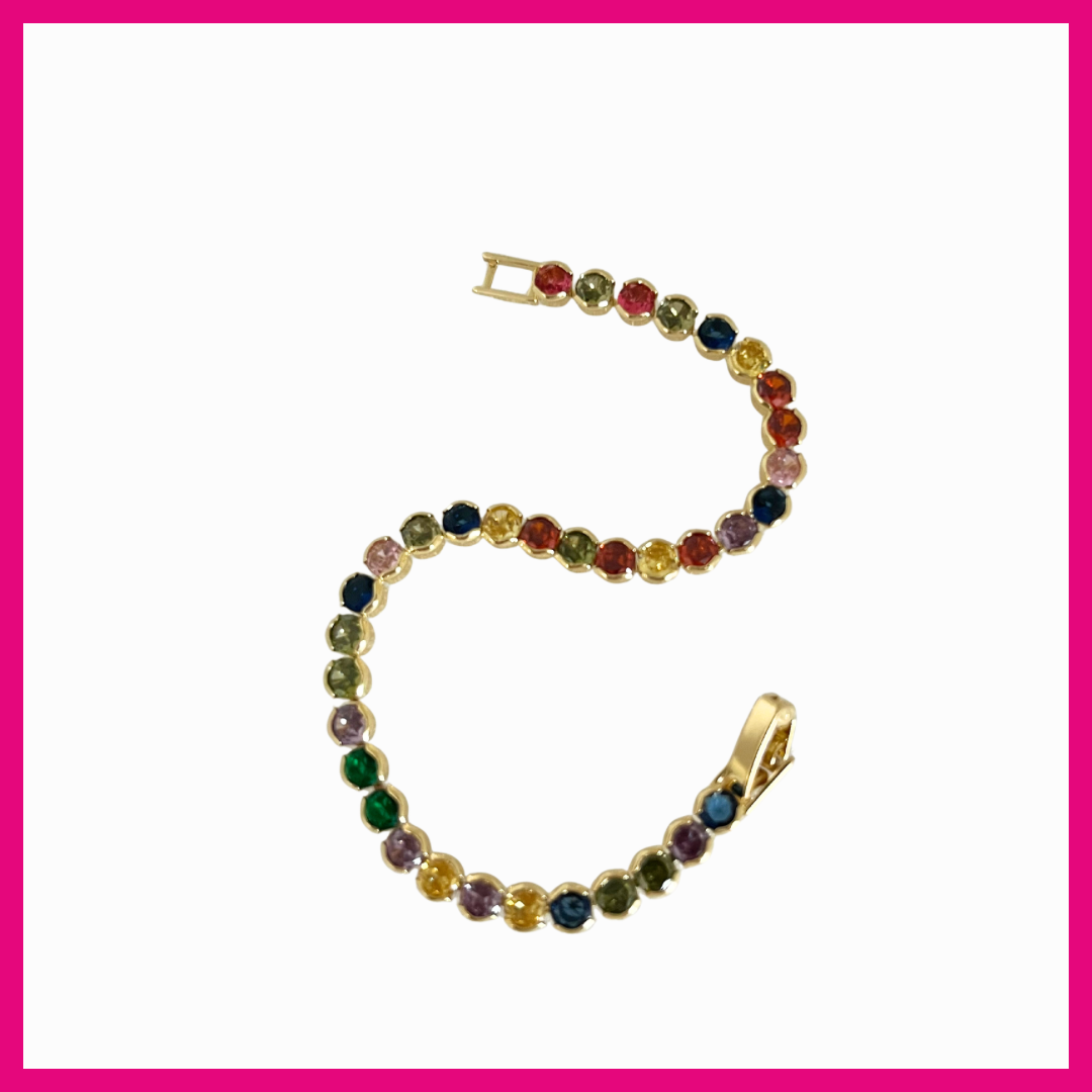 Multicolored gemstone bracelet with gold clasp on a white background
