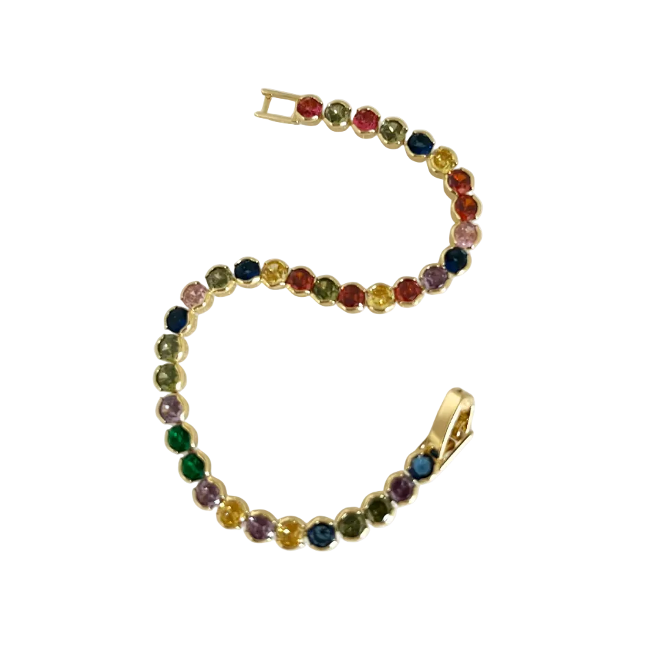 Multicolored gemstone bracelet with gold clasp on a white background