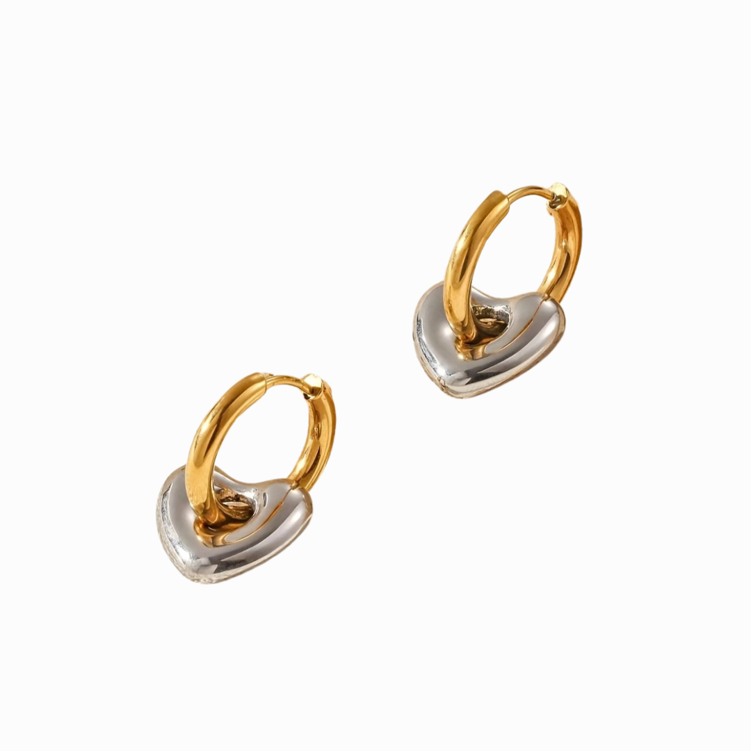 Pair of gold and silver hoop earrings on a white background