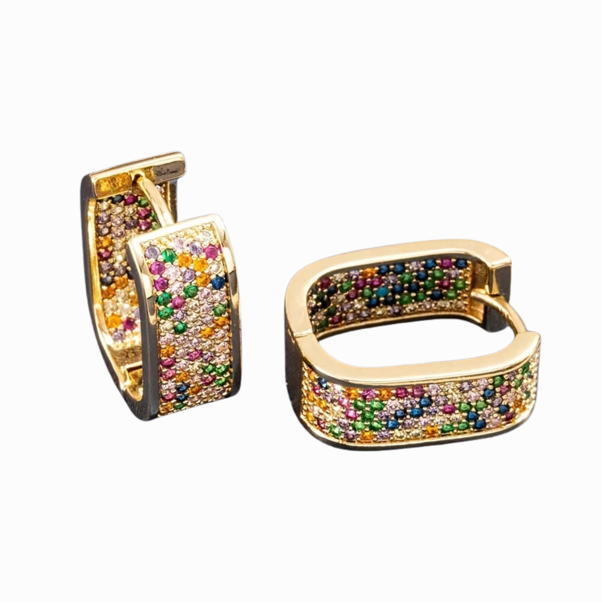 Gold hoop earrings with colorful gemstones on a white background