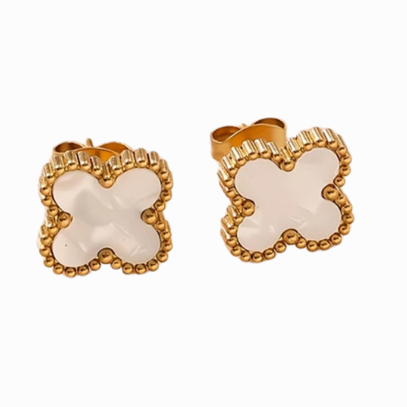 Pair of butterfly-shaped earrings with gold and beige design on a white background