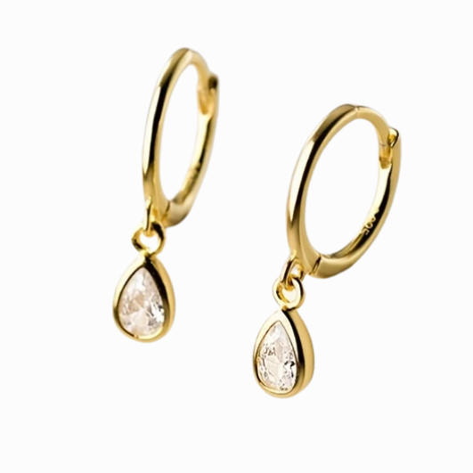 Gold earrings with clear stones on a white background