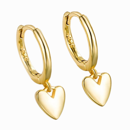 Gold heart-shaped hoop earrings on a white background