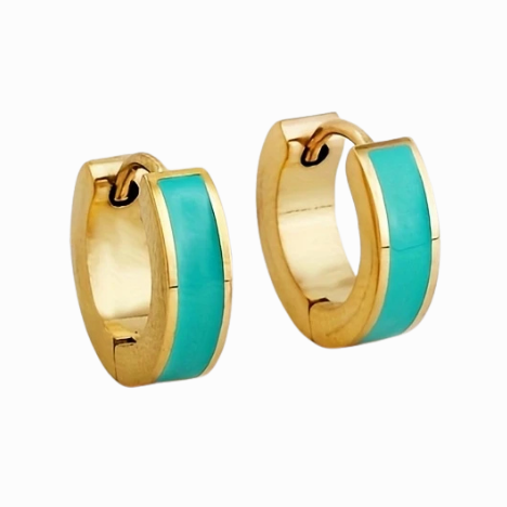 Gold hoop earrings with turquoise centers on a white background