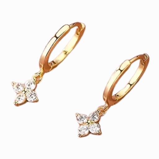 Gold hoop earrings with star-shaped diamond pendants on a white background