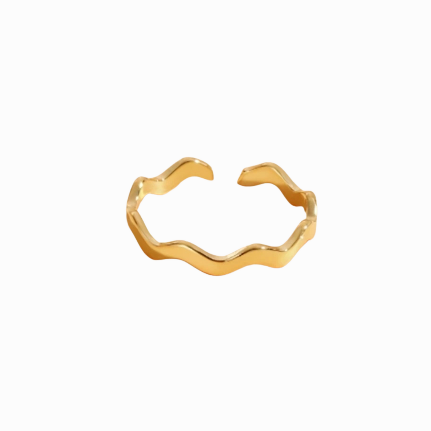 Gold ring with wavy design on a white background