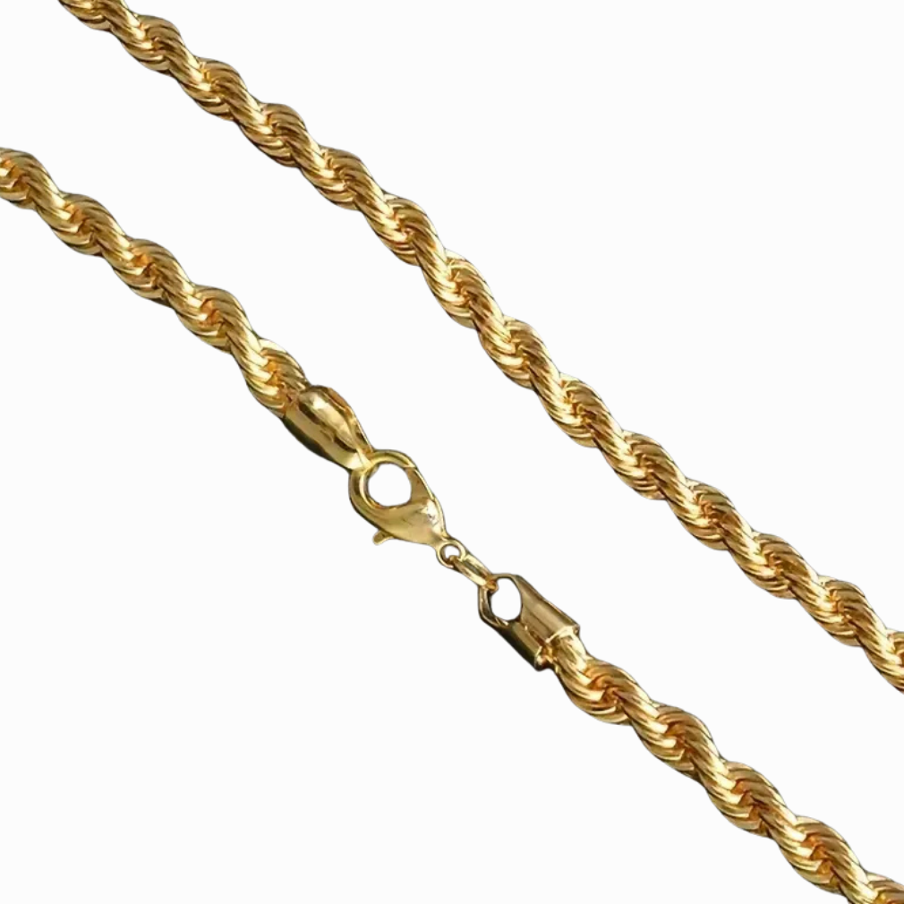 Gold rope chain necklace on a white background