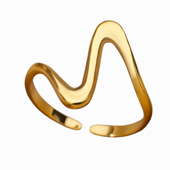 Gold ring with a wavy design on a white background