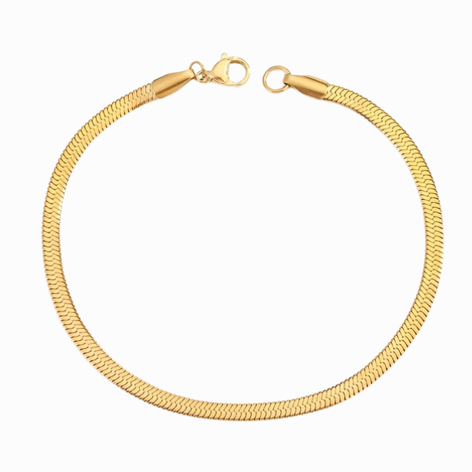 Gold necklace on a white background with a pink border