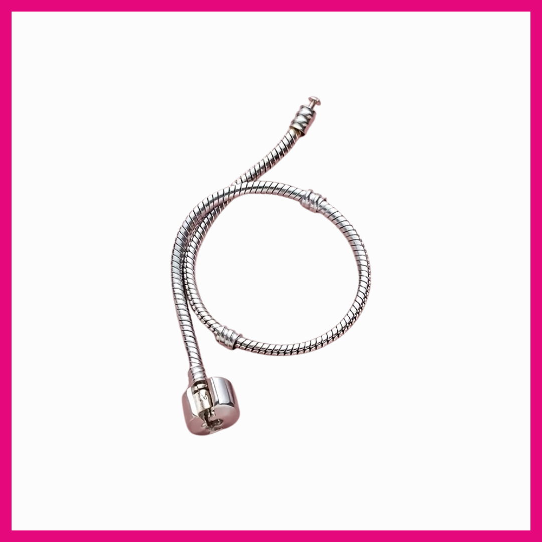 Metallic spiral cable on a white background with a pink border