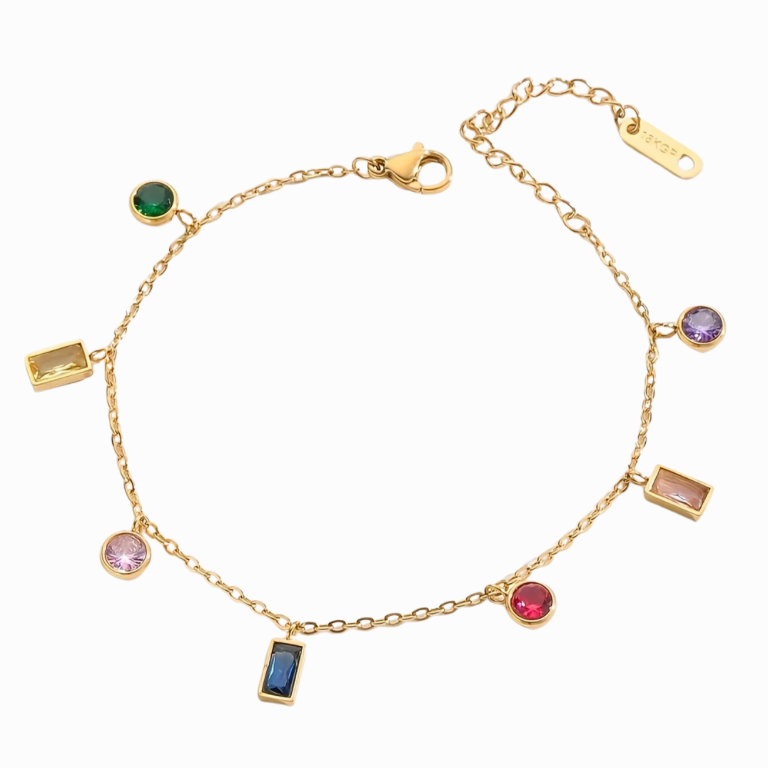 Gold bracelet with colorful gemstones on a white background