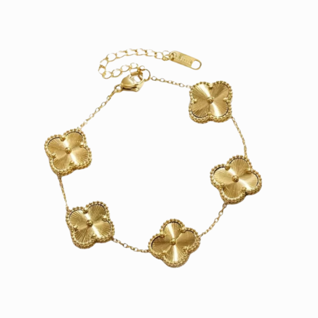 Gold floral bracelet on a white background with a pink border