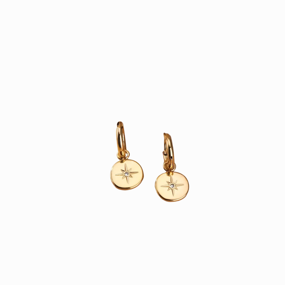 Gold earrings with circular designs on a white background