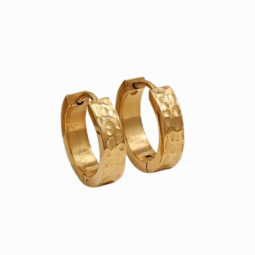 Gold hoop earrings on a white background with a purple border