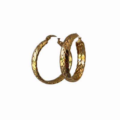 Gold hoop earrings on a white background with a purple border