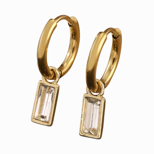 Gold hoop earrings with rectangular gemstones on a white background