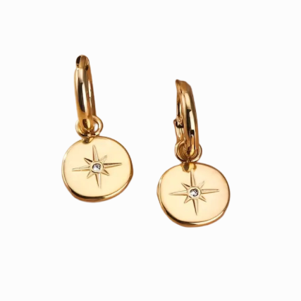 Gold earrings on a white background with a purple border