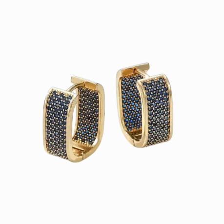 Gold hoop earrings with black stones on a white background
