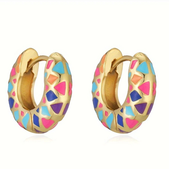 Colorful hoop earrings with gold accents on a white background