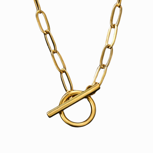 Gold chain necklace with a toggle clasp on a white background