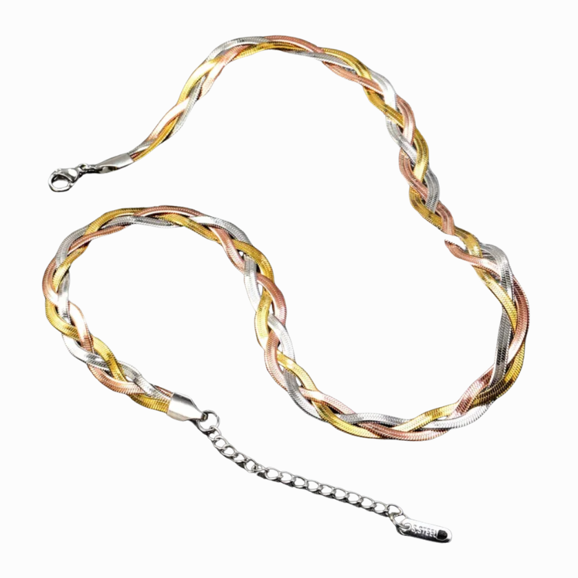 Multicolored braided necklace on a white background
