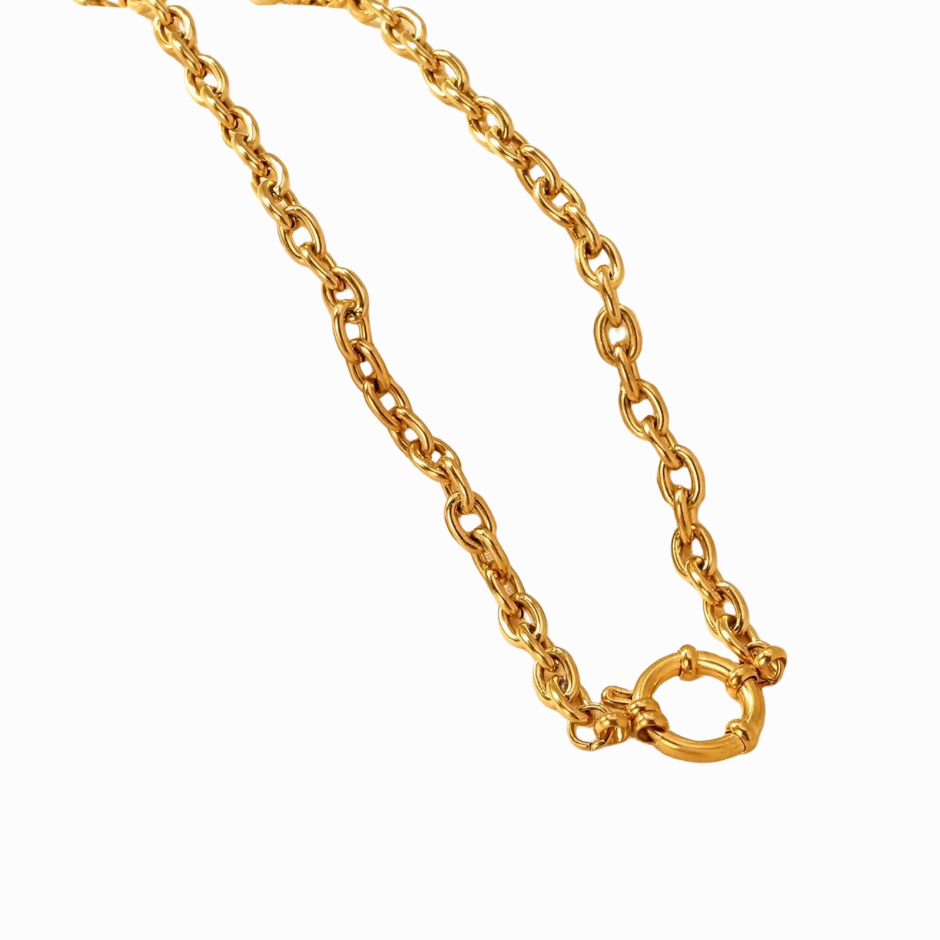 Gold chain necklace with a clasp on a white background