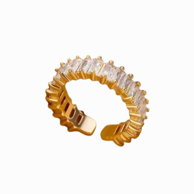Gold hoop earring with clear gemstones on a white background