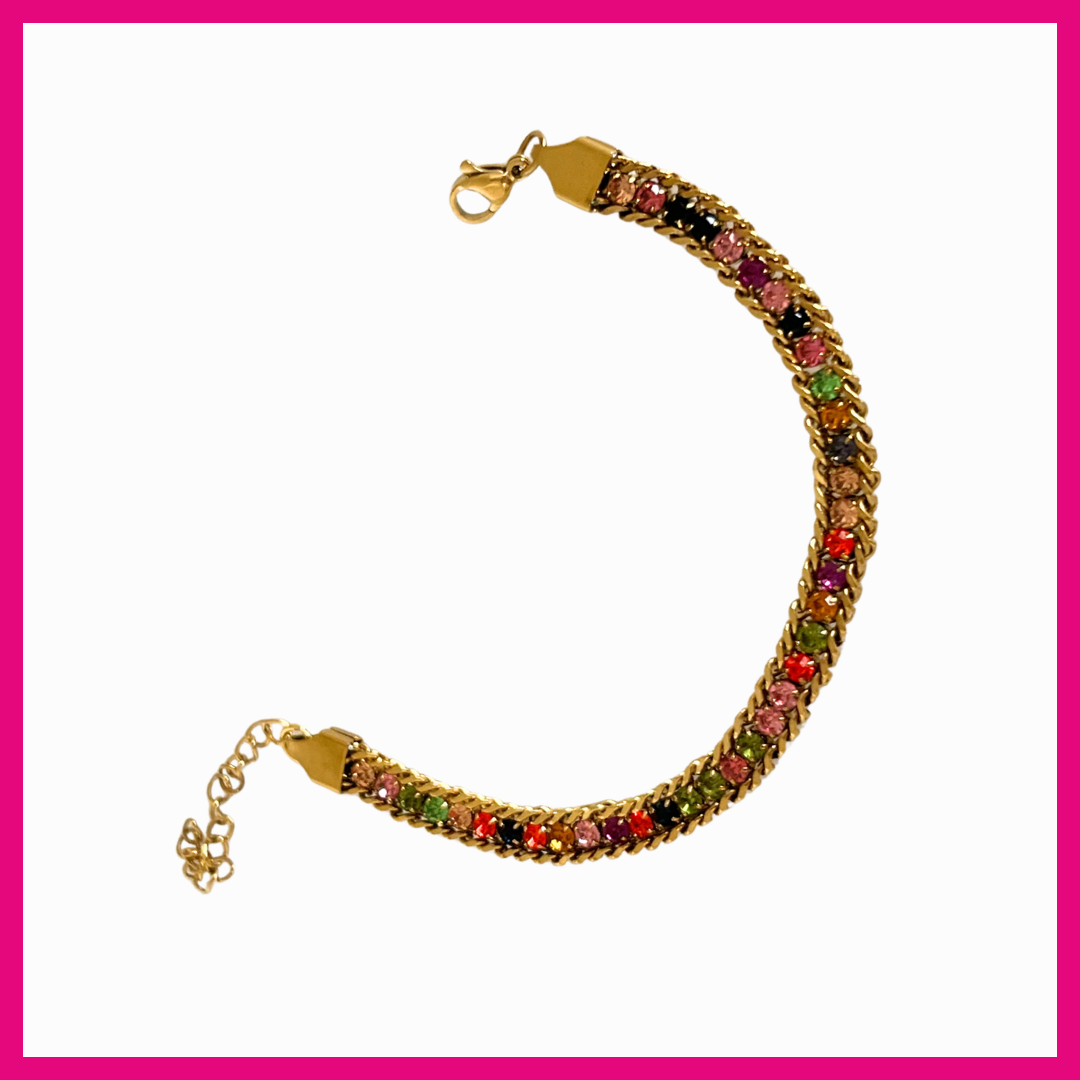 Multicolored beaded bracelet with gold clasp on a white background