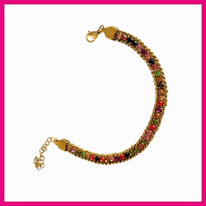 Multicolored beaded bracelet with gold clasp on a white background