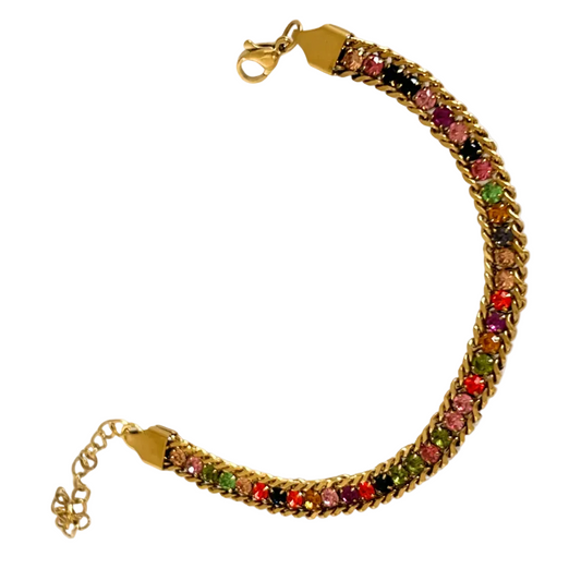 Multicolored beaded bracelet with gold clasp on a white background