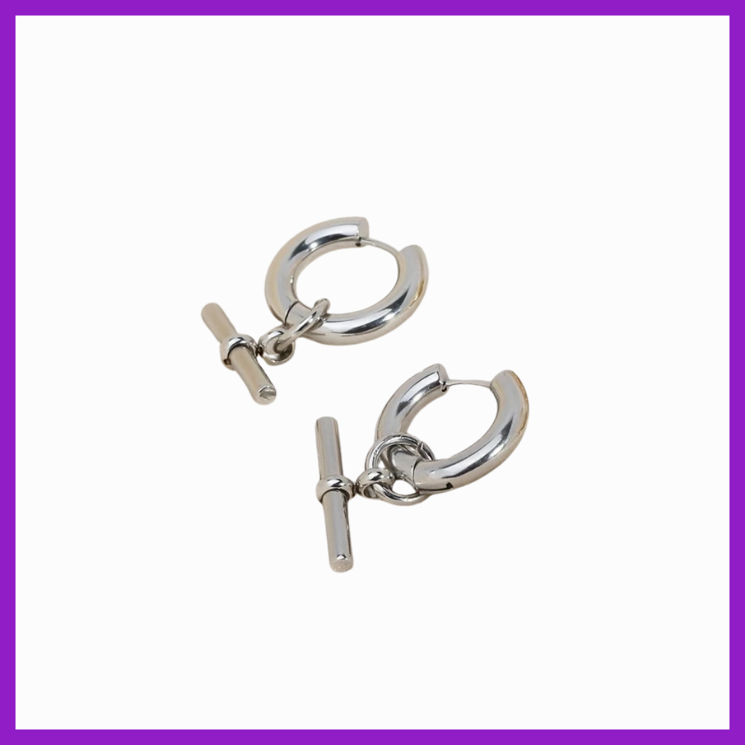 Pair of silver hoop earrings with a clasp on a white background