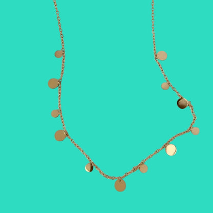 Necklace with round pendants on a turquoise background