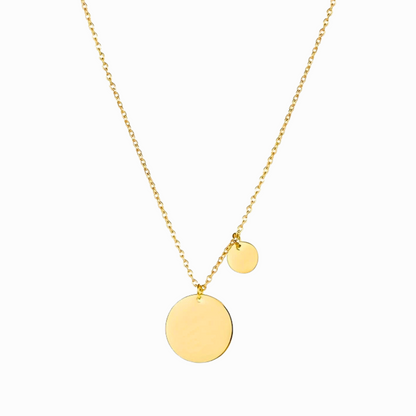 14k gold-plated necklace with round pendants on a white background
