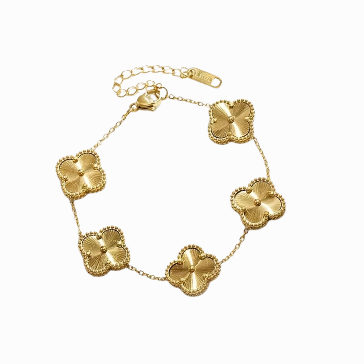 Gold bracelet with floral designs on a white background