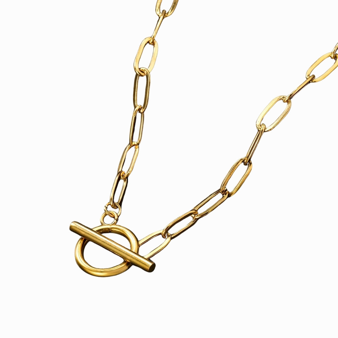 Gold chain necklace with a toggle clasp on a white background