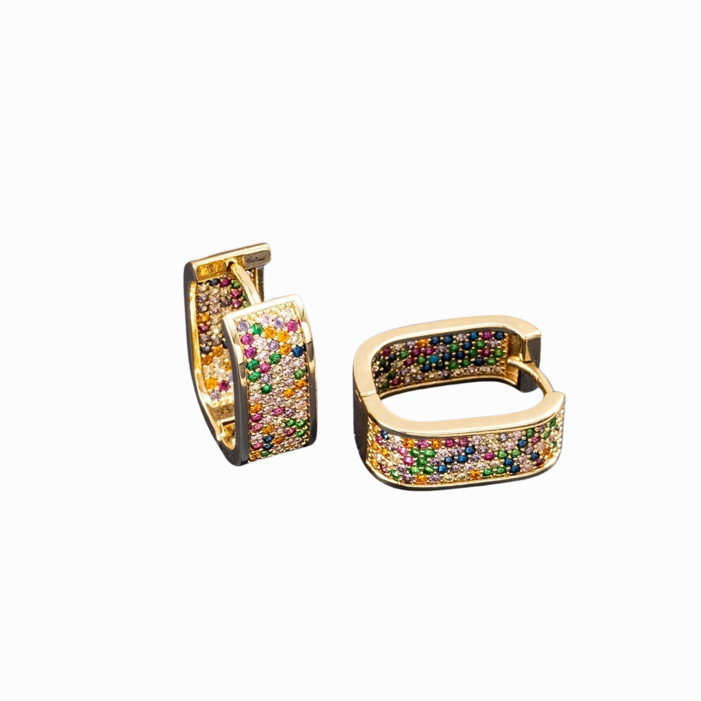 Gold hoop earrings with colorful gemstones on a white background