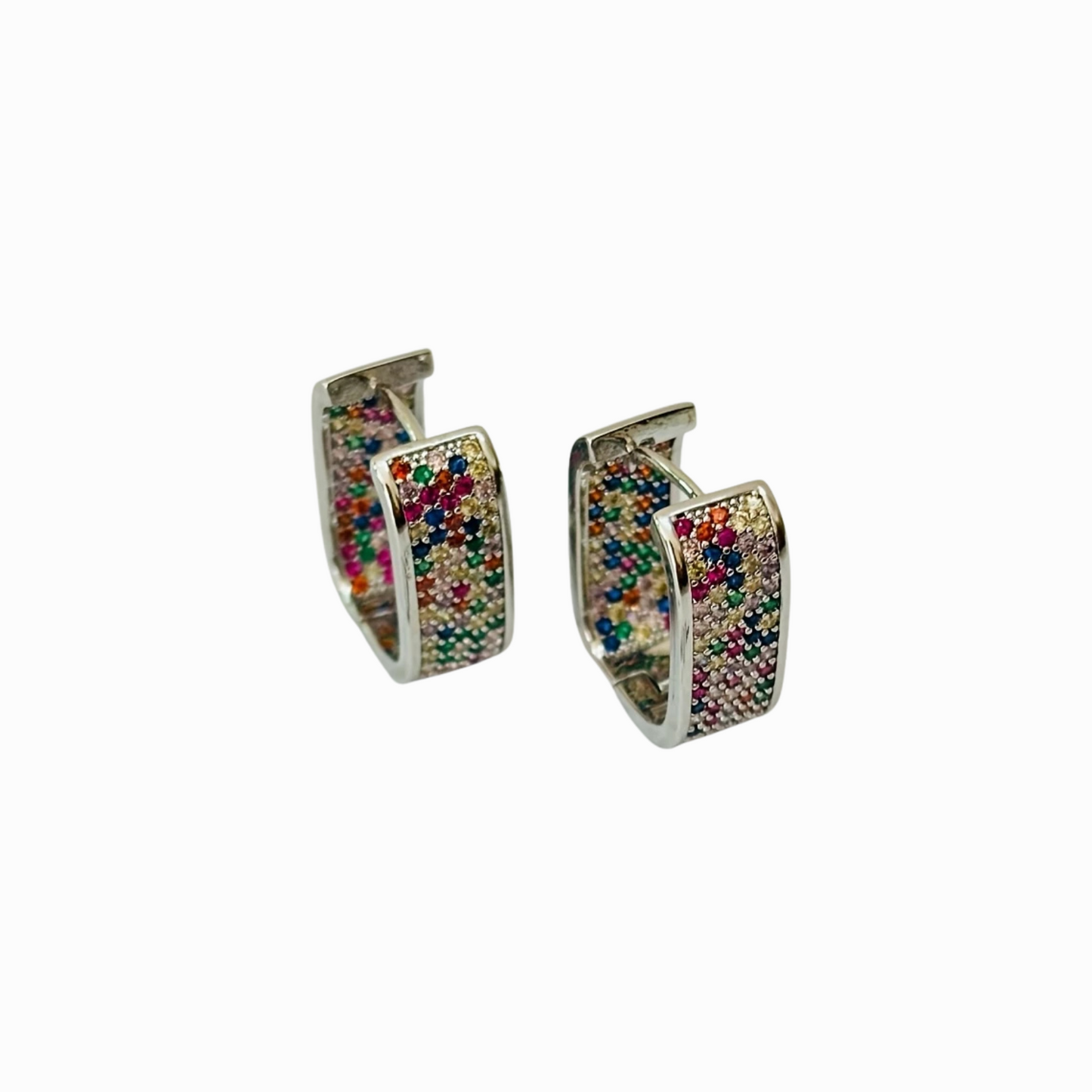 Pair of hoop earrings with multicolored gemstones on a white background