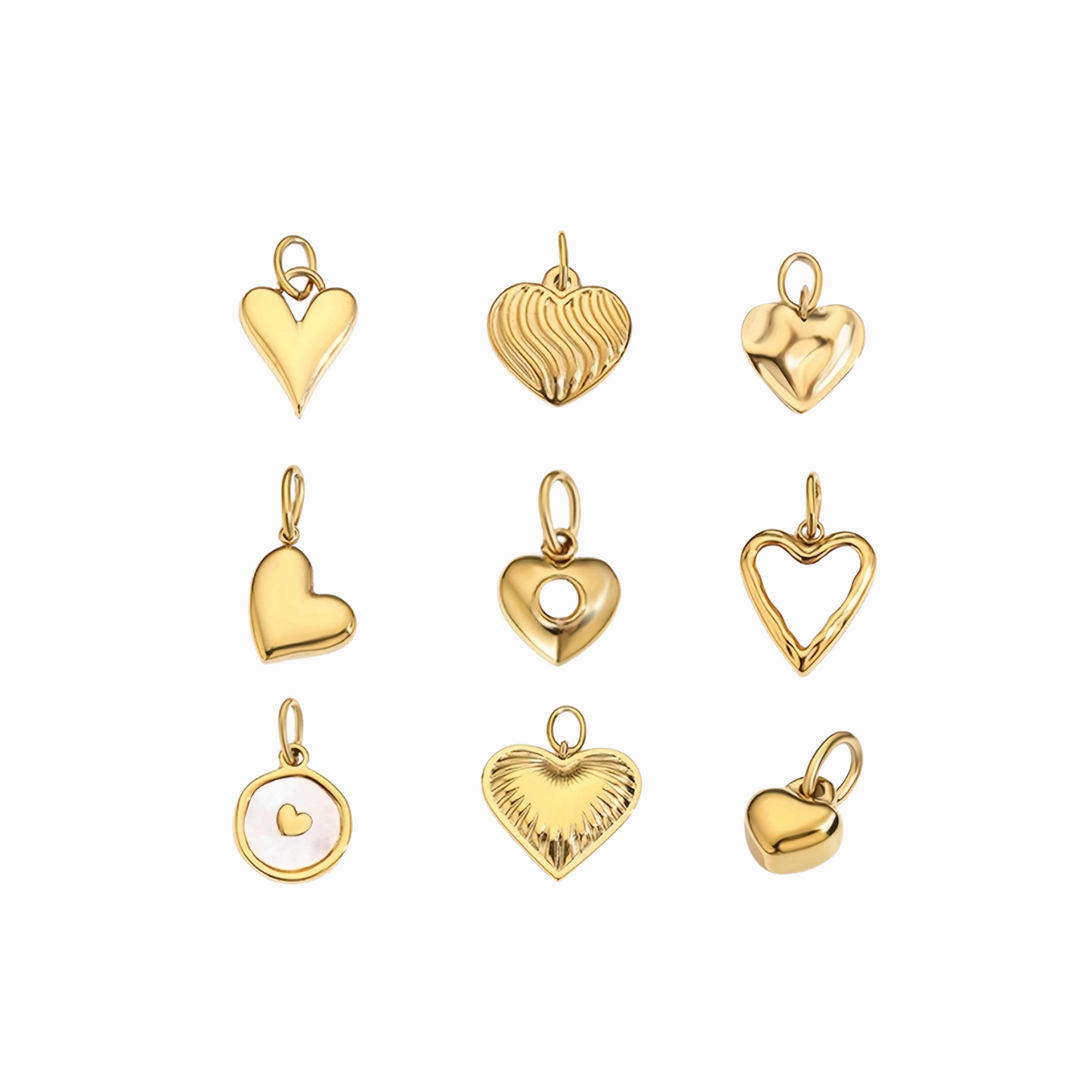 Collection of gold heart-shaped pendants on a white background