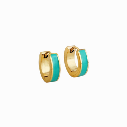 Gold hoop earrings with turquoise enamel on a white background