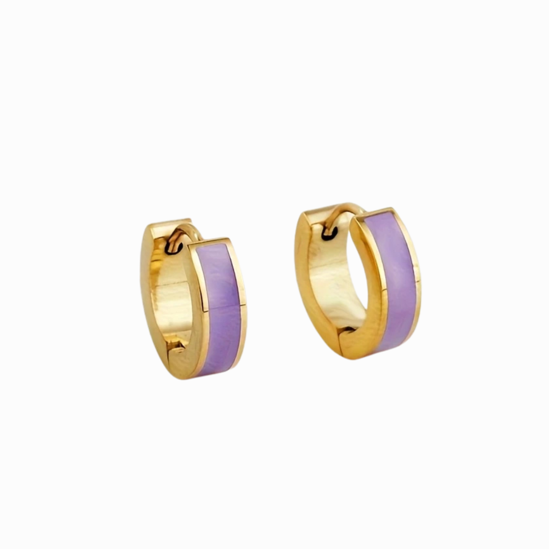 Gold hoop earrings with purple accents on a white background