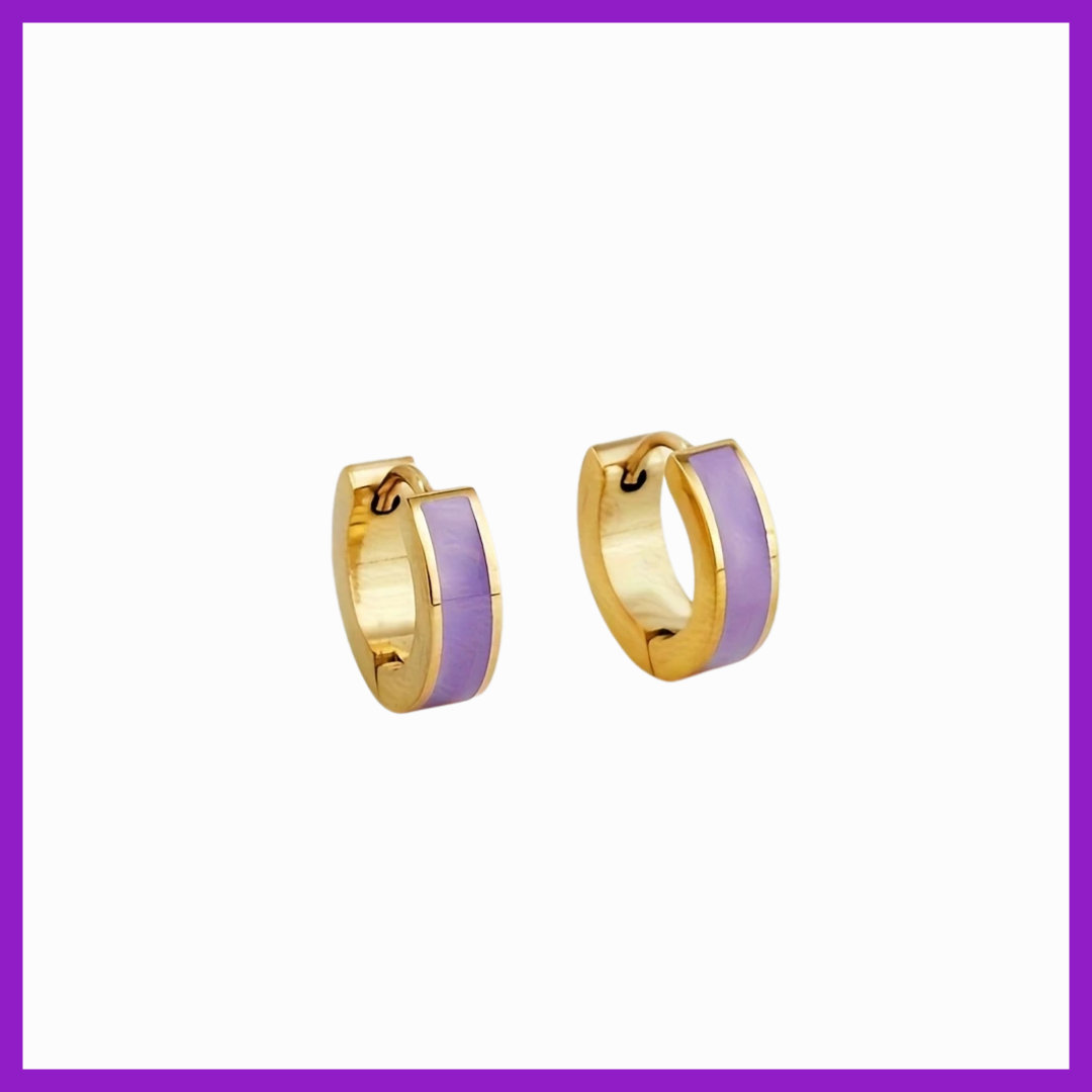 Gold hoop earrings with purple accents on a white background