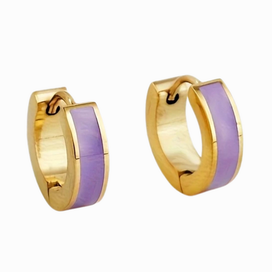 Gold hoop earrings with purple accents on a white background