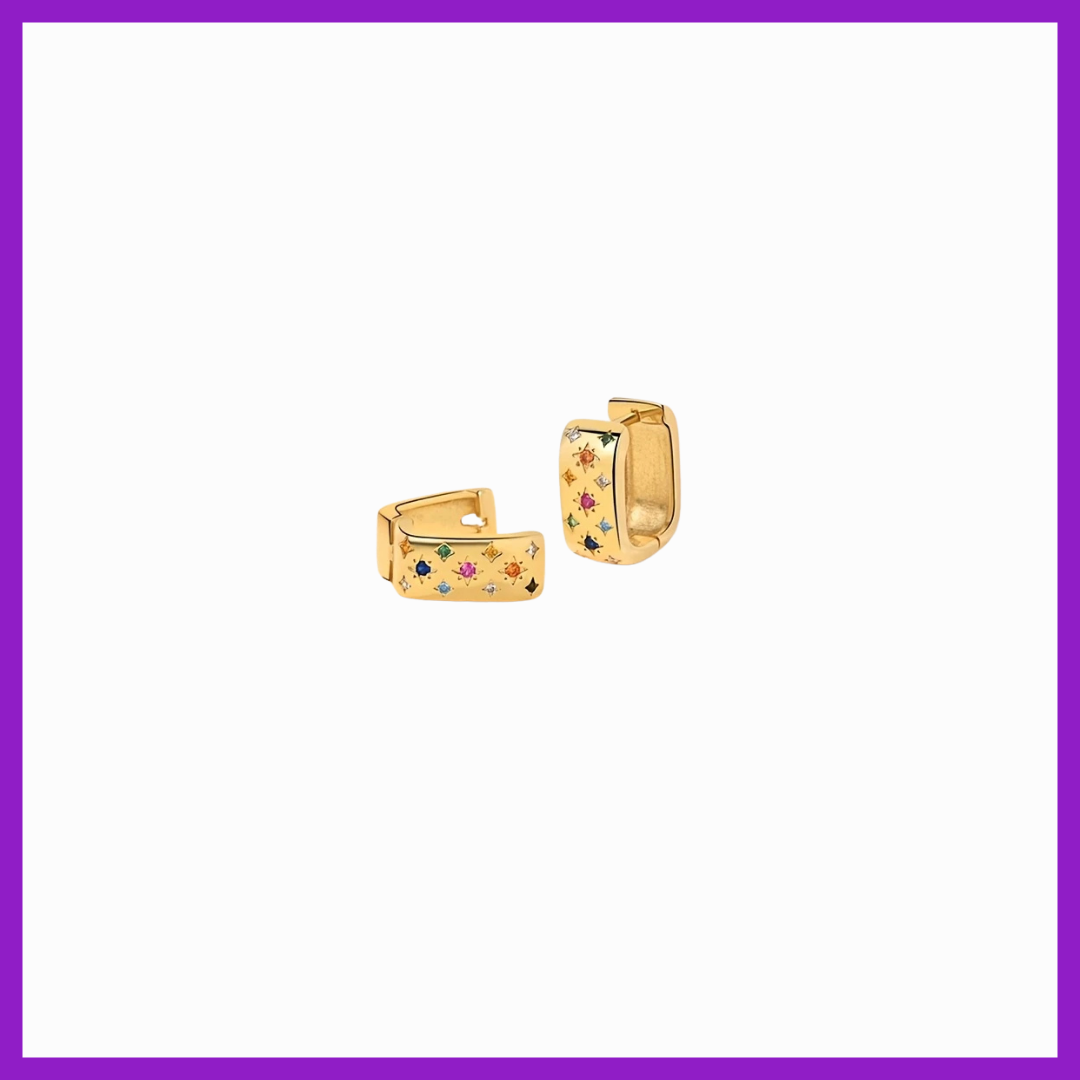 Gold hoop earrings with colorful gemstones on a white background