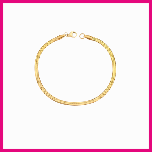 Gold necklace on a white background with a pink border