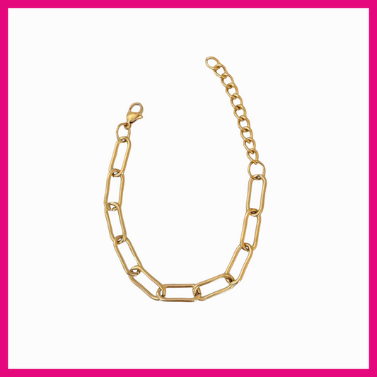 Gold chain bracelet on a white background with a pink border