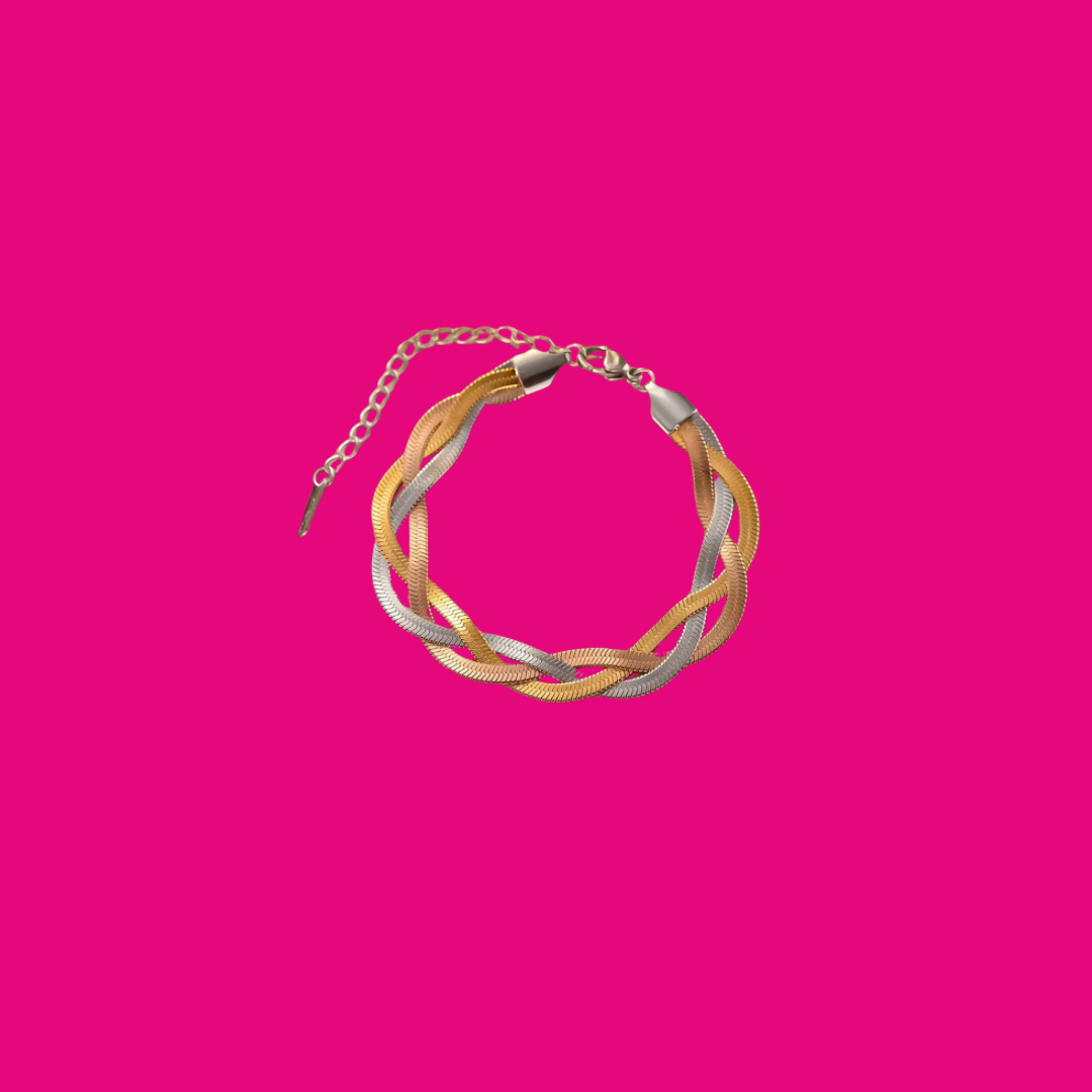 Bracelet with colorful woven design on a pink background