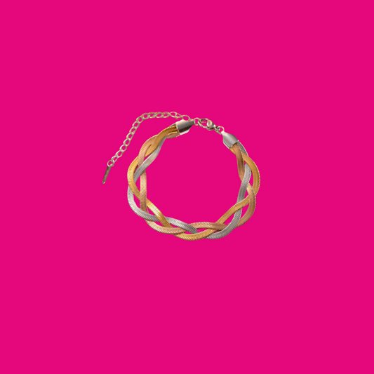 Bracelet with colorful woven design on a pink background