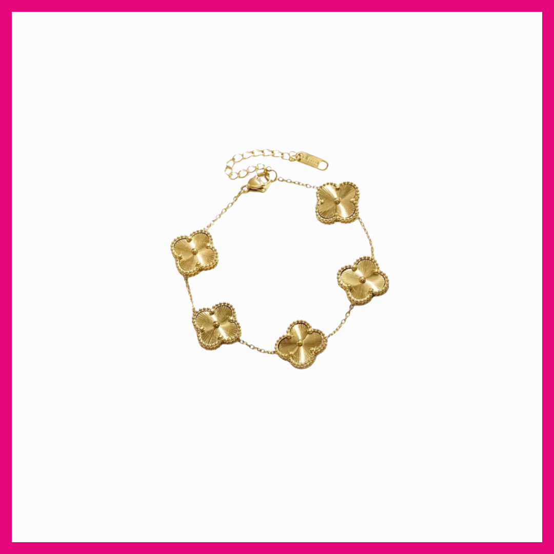 Gold floral bracelet on a white background with a pink border