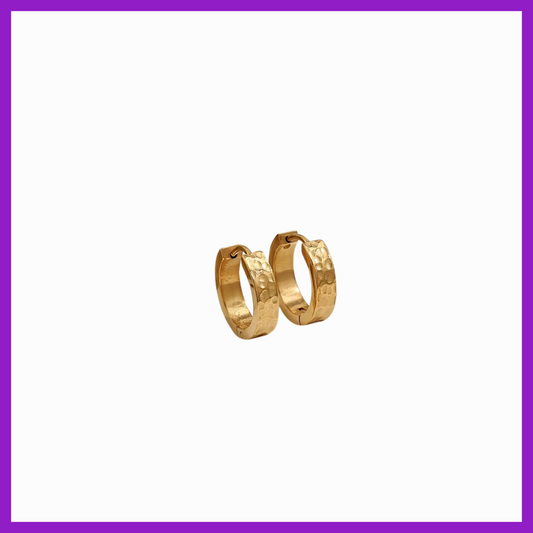Gold hoop earrings on a white background with a purple border