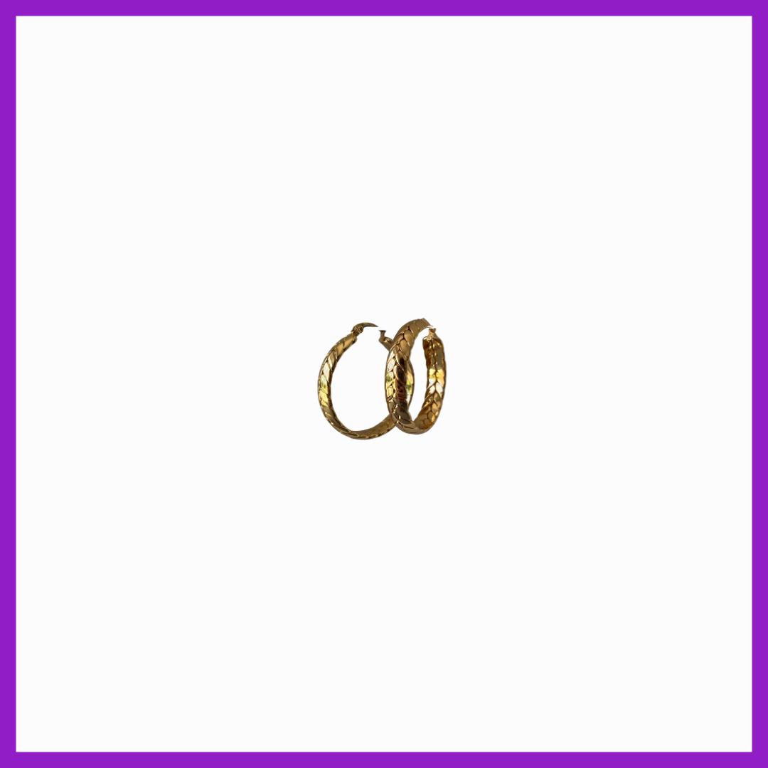 Gold hoop earrings on a white background with a purple border